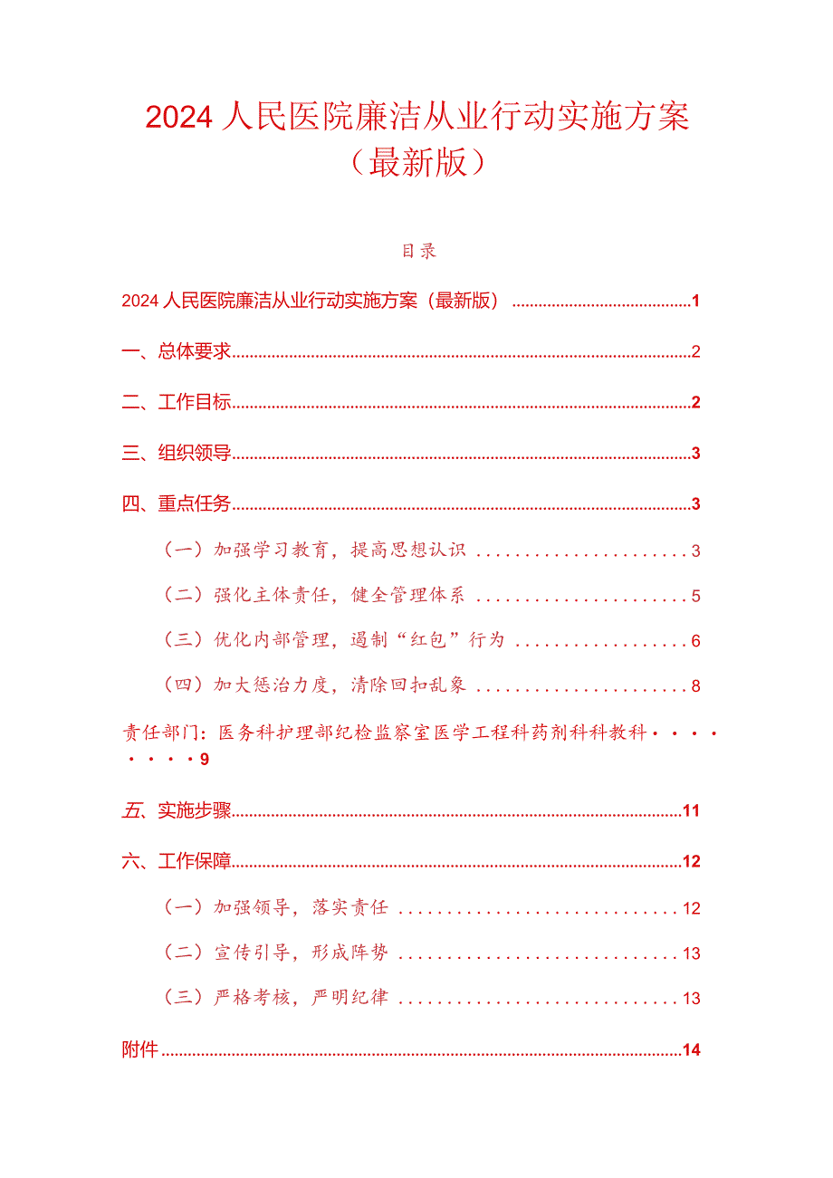 2024人民医院廉洁从业行动实施方案（最新版）.docx_第1页