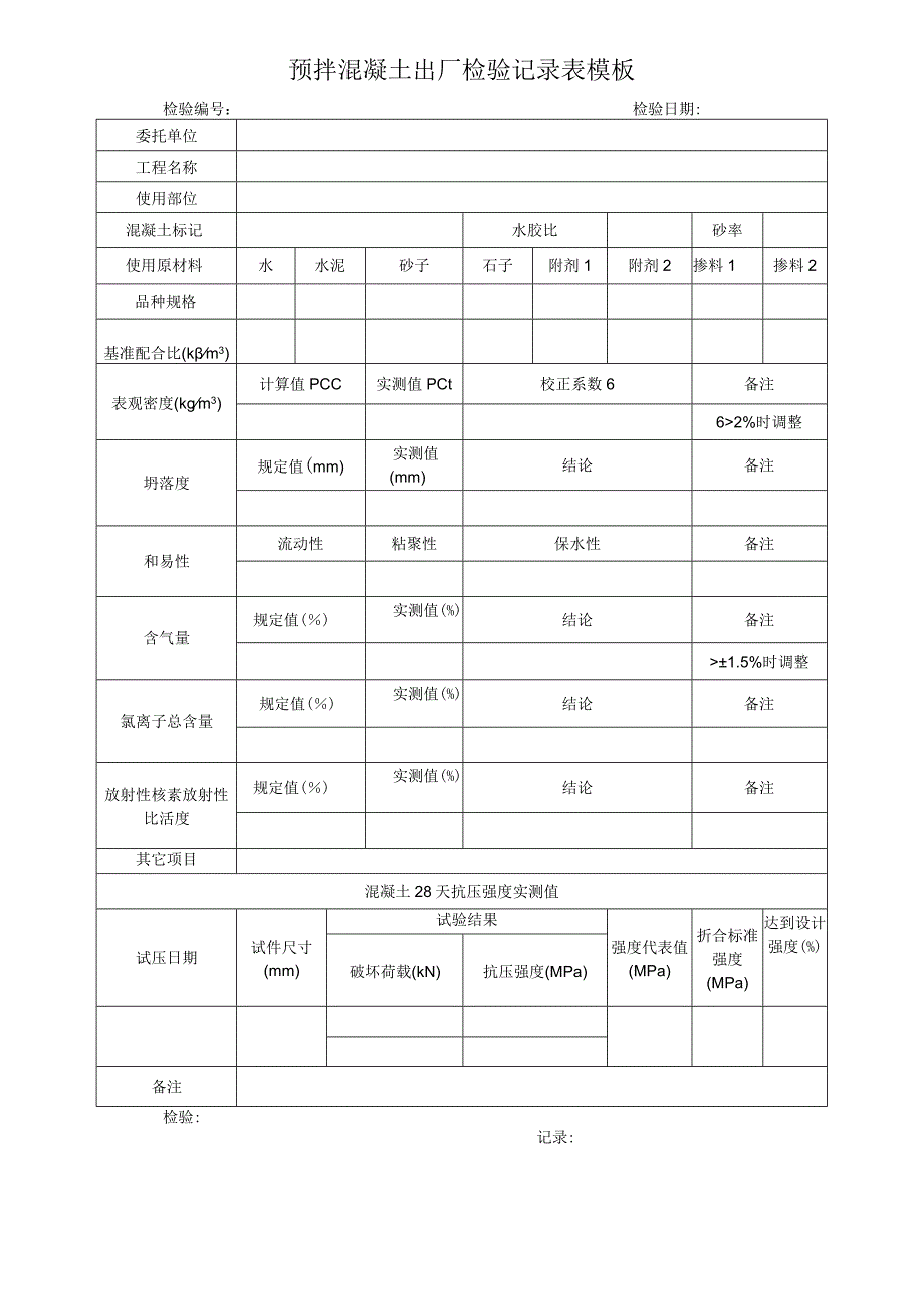 预拌混凝土出厂检验记录表模板.docx_第1页