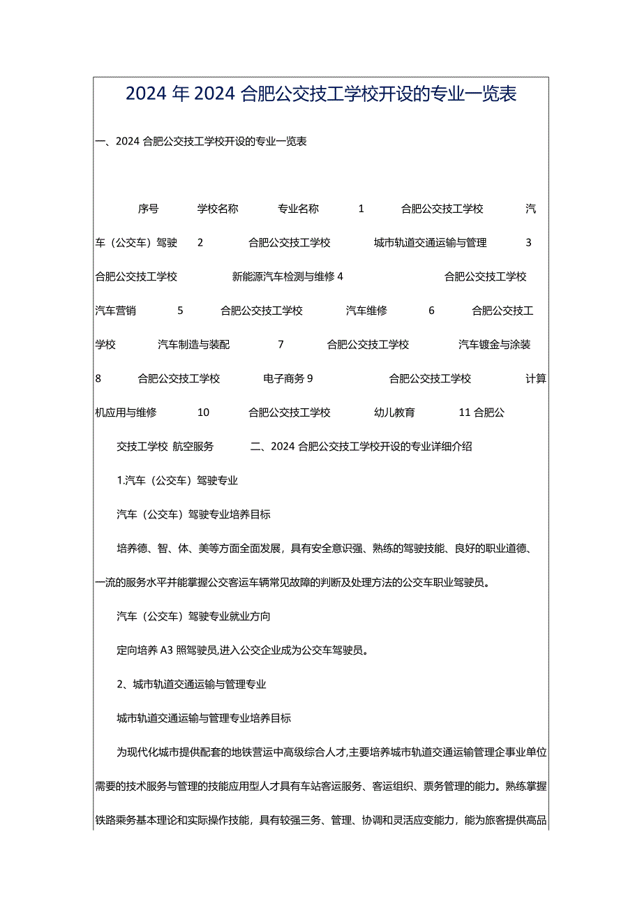 2024年2024合肥公交技工学校开设的专业一览表.docx_第1页