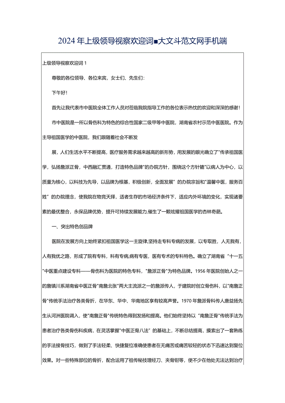 2024年上级领导视察欢迎词-大文斗范文网手机端.docx_第1页