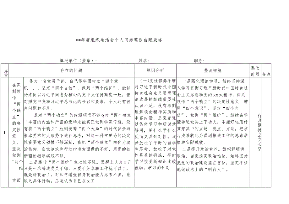 2022年度组织生活会个人问题整改台账表格.【】.docx_第1页