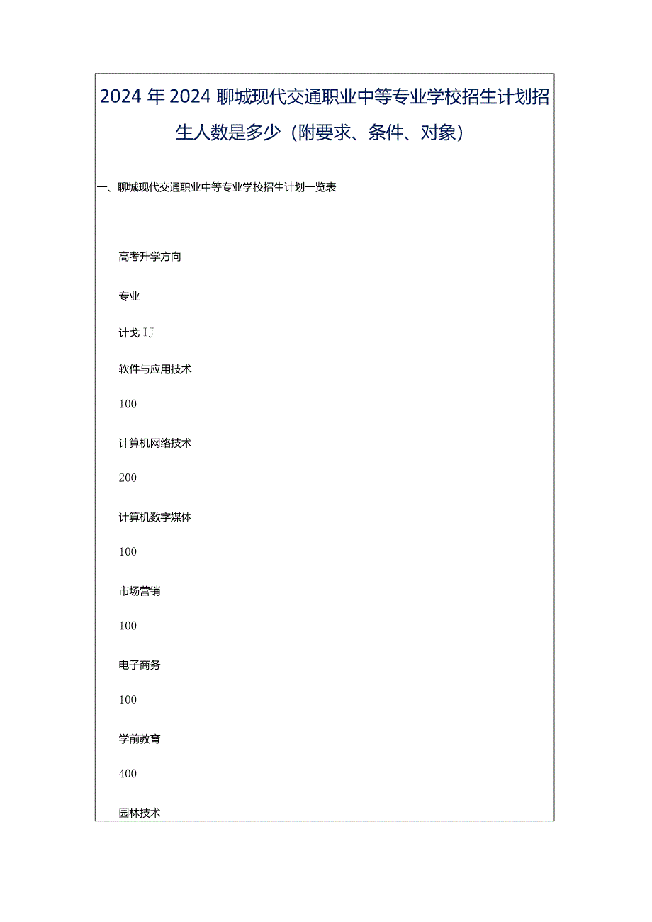 2024年2024聊城现代交通职业中等专业学校招生计划招生人数是多少(附要求、条件、对象).docx_第1页