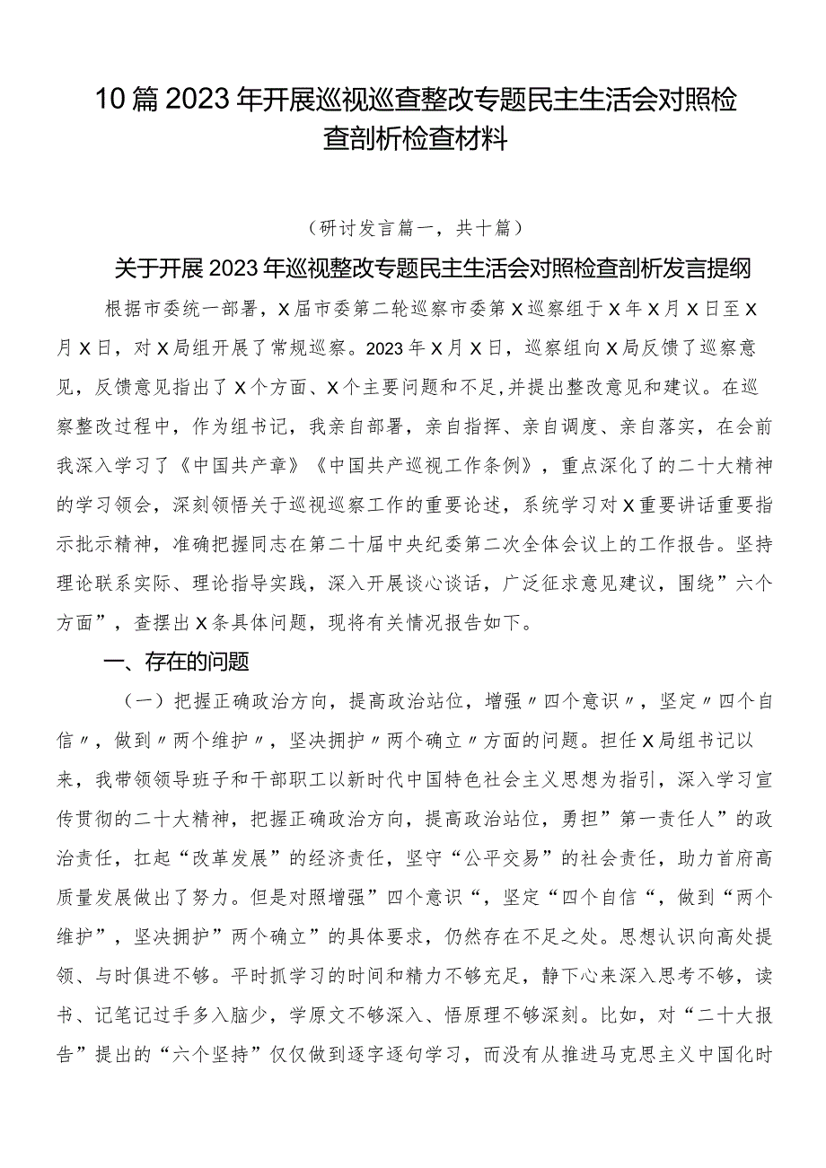 10篇2023年开展巡视巡查整改专题民主生活会对照检查剖析检查材料.docx_第1页