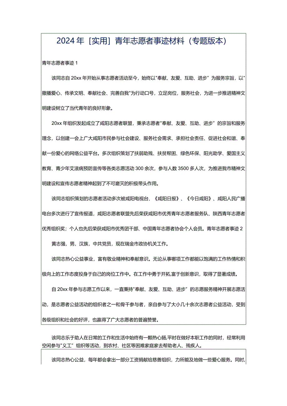 2024年[实用]青年志愿者事迹材料（专题版本）.docx_第1页