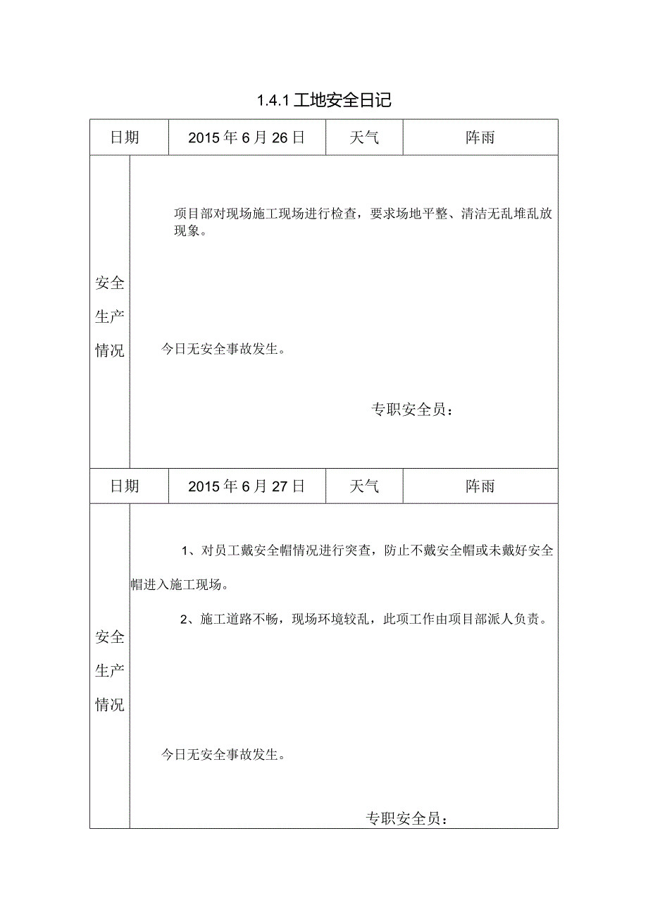 [监理资料]工地安全日记.docx_第1页