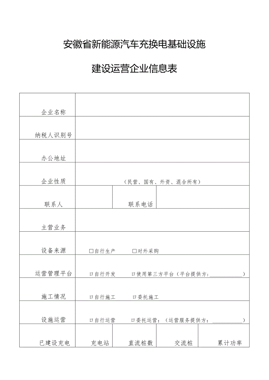 安徽省新能源汽车充换电基础设施建设运营企业信息表.docx_第1页