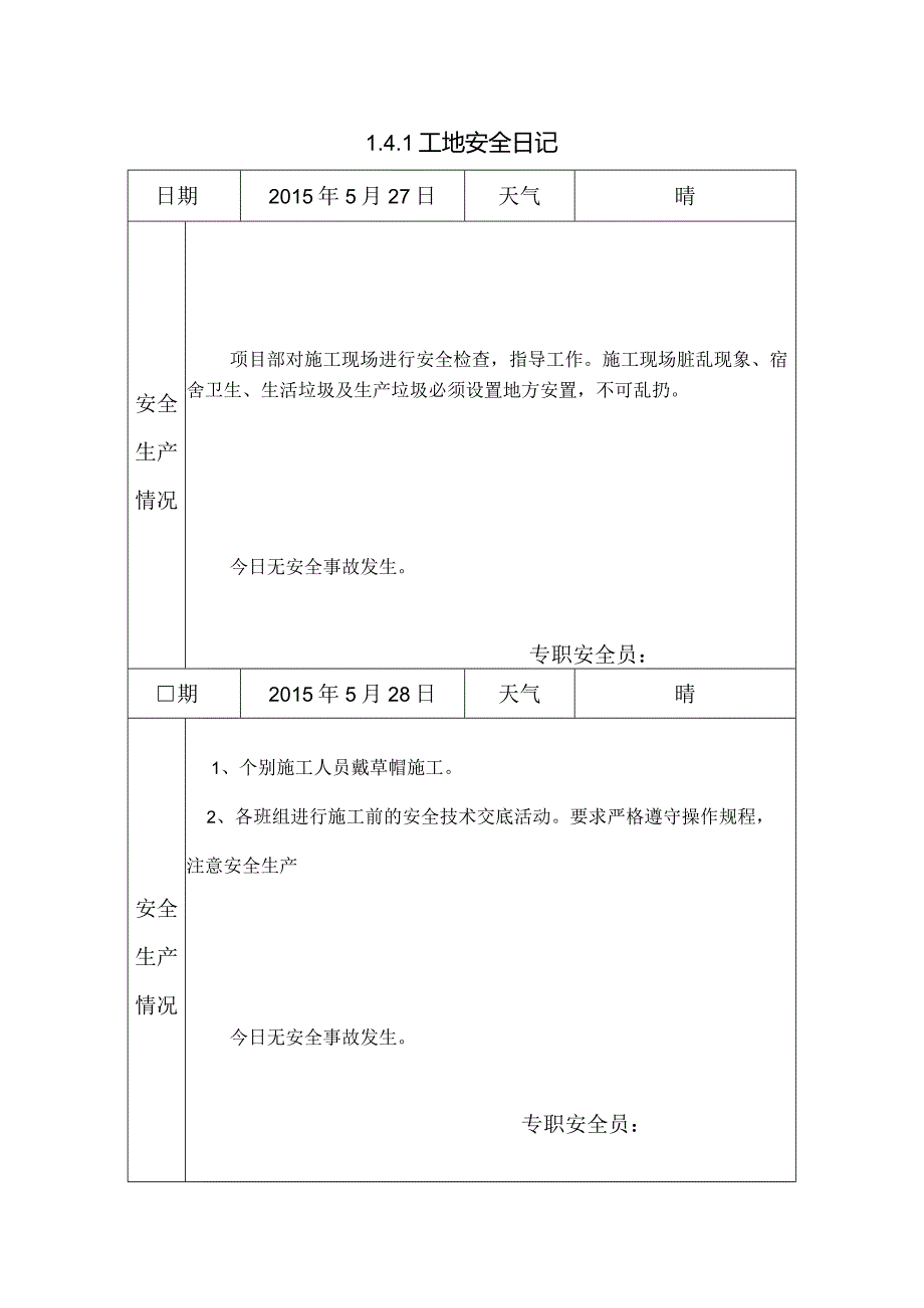 [施工资料]工地安全日记(15).docx_第1页