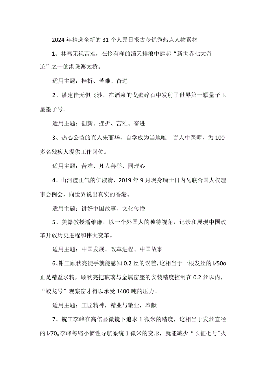 2024年精选全新的31个人民日报古今优秀热点人物素材.docx_第1页