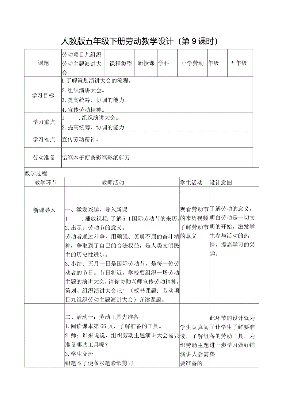 项目九组织劳动主题演讲大会（教案）五年级劳动下册同步（人教版）.docx_第1页