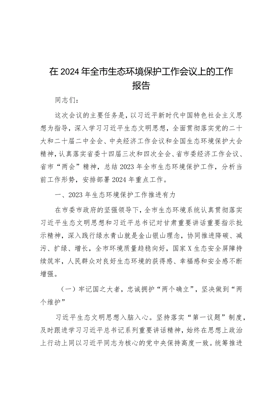 在2024年全市生态环境保护工作会议上的工作报告&题在“一村一品”建设现场会上的发言.docx_第1页