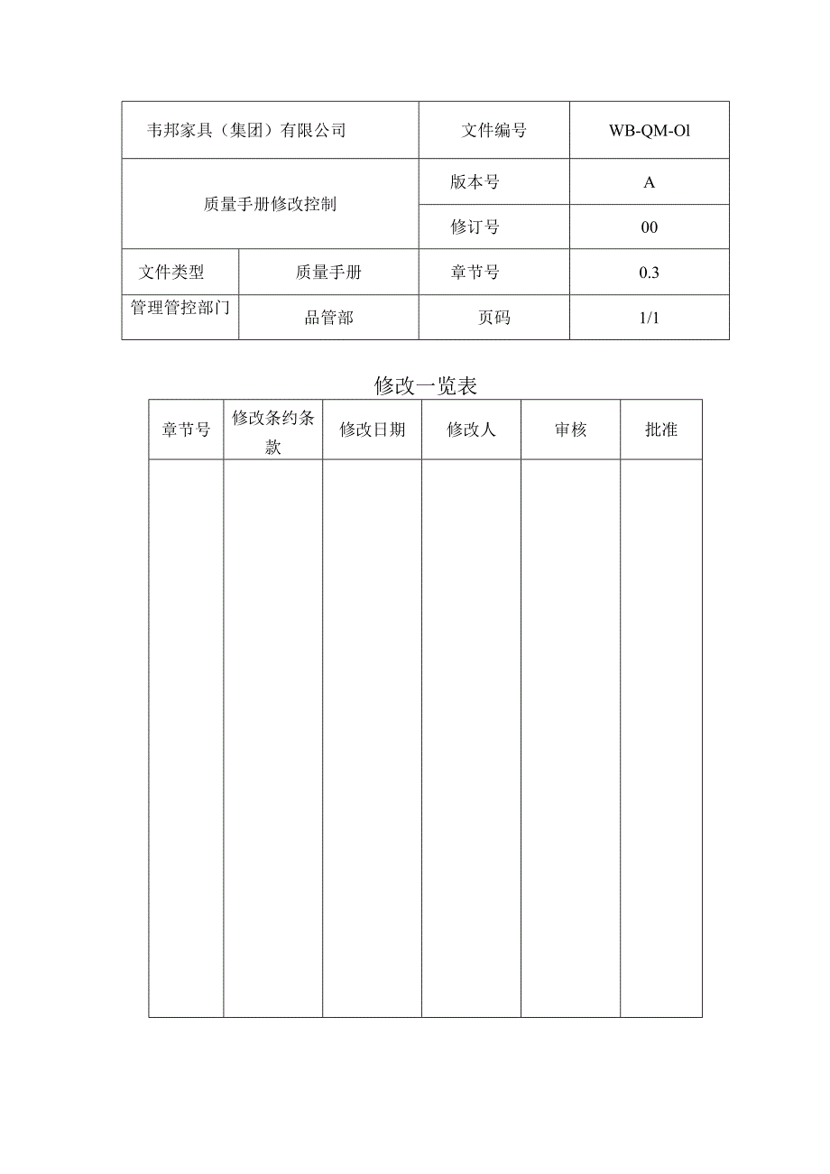 XX股份企业质量手册范文修改控制.docx_第1页