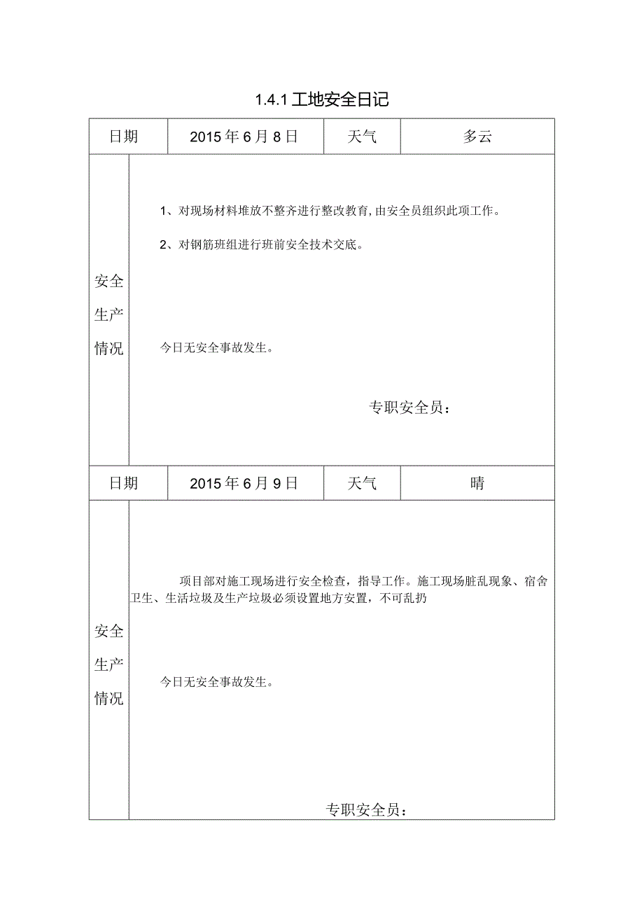 [施工资料]工地安全日记(20).docx_第1页