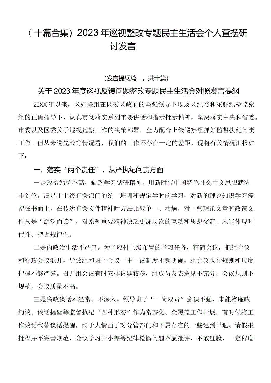 （十篇合集）2023年巡视整改专题民主生活会个人查摆研讨发言.docx_第1页