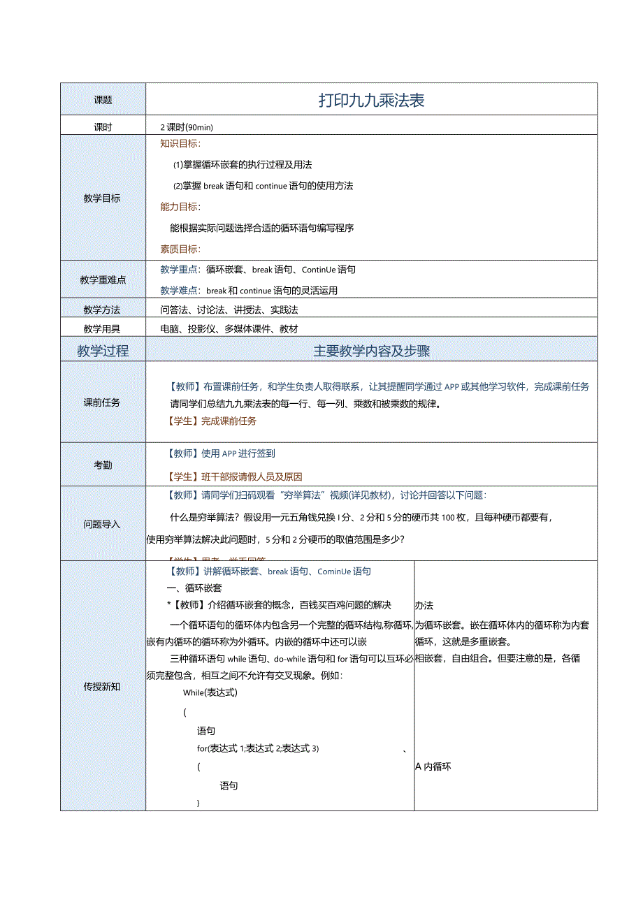 中职《C语言程序设计》教案第8课打印九九乘法表.docx_第1页