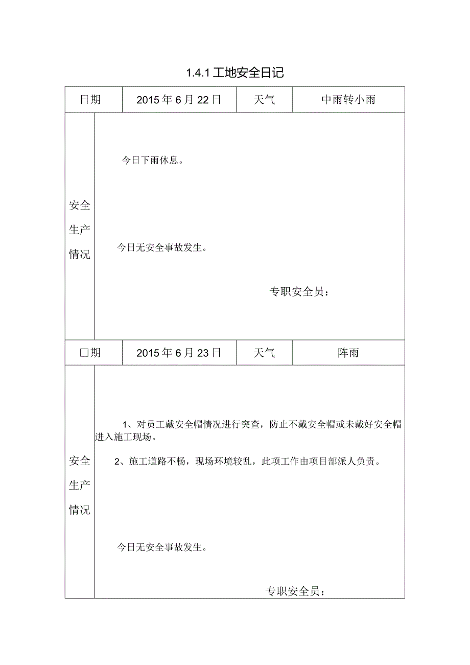 [施工资料]工地安全日记(24).docx_第1页