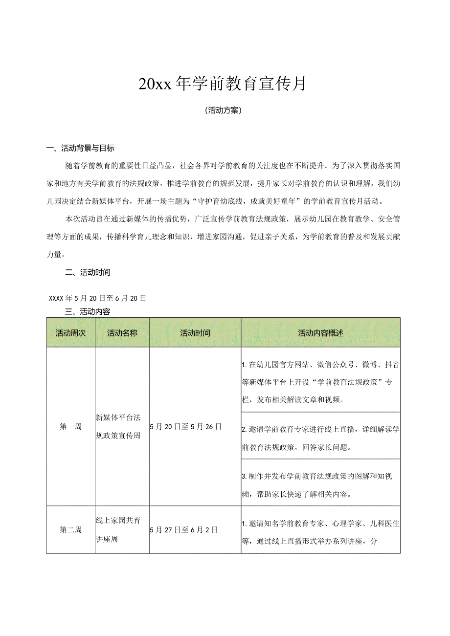 20xx年幼儿园学前教育宣传月活动方案.docx_第1页