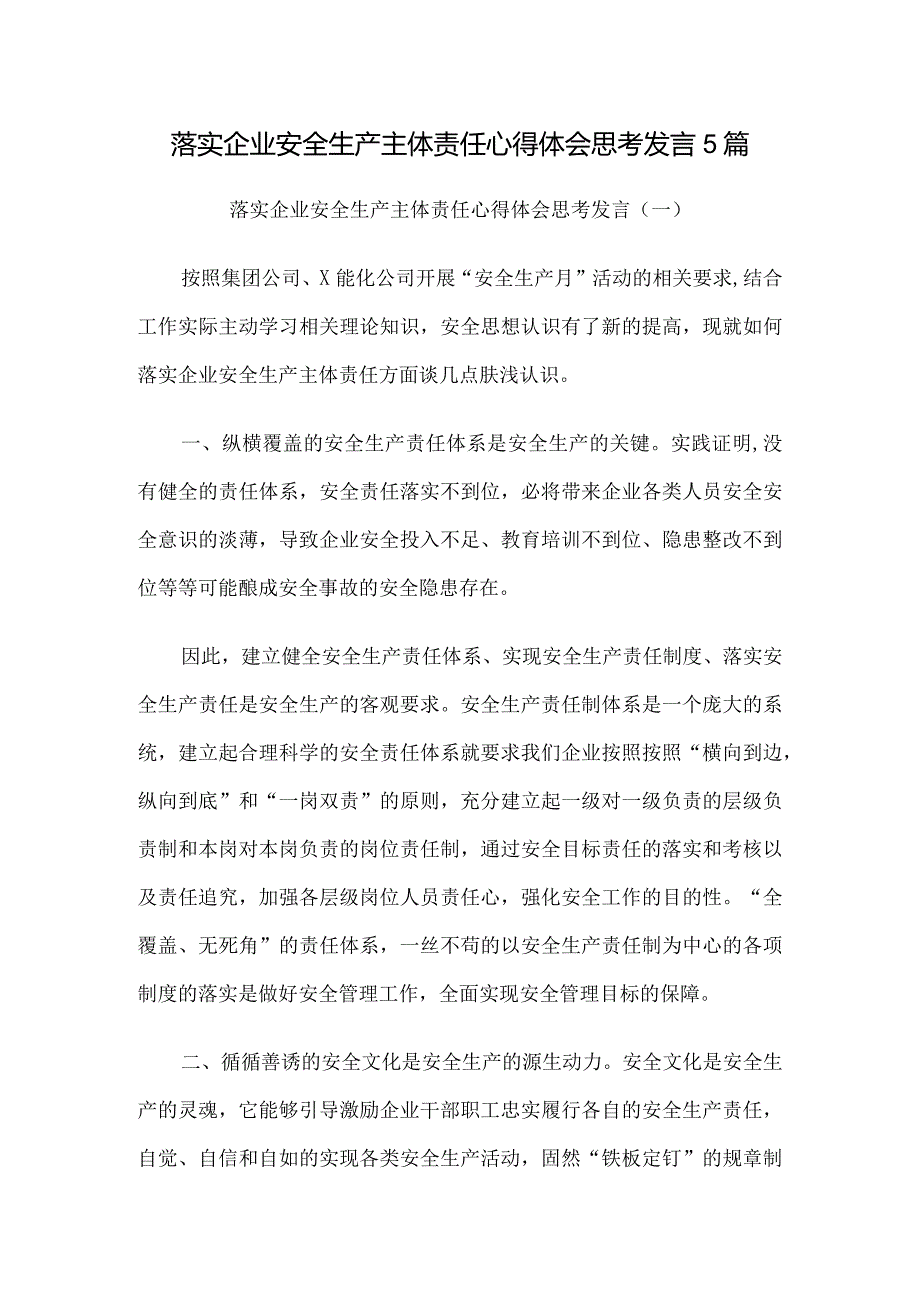 落实企业安全生产主体责任心得体会思考发言5篇.docx_第1页