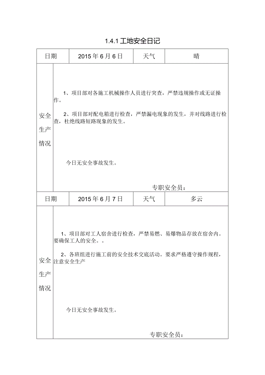 [施工资料]工地安全日记(19).docx_第1页