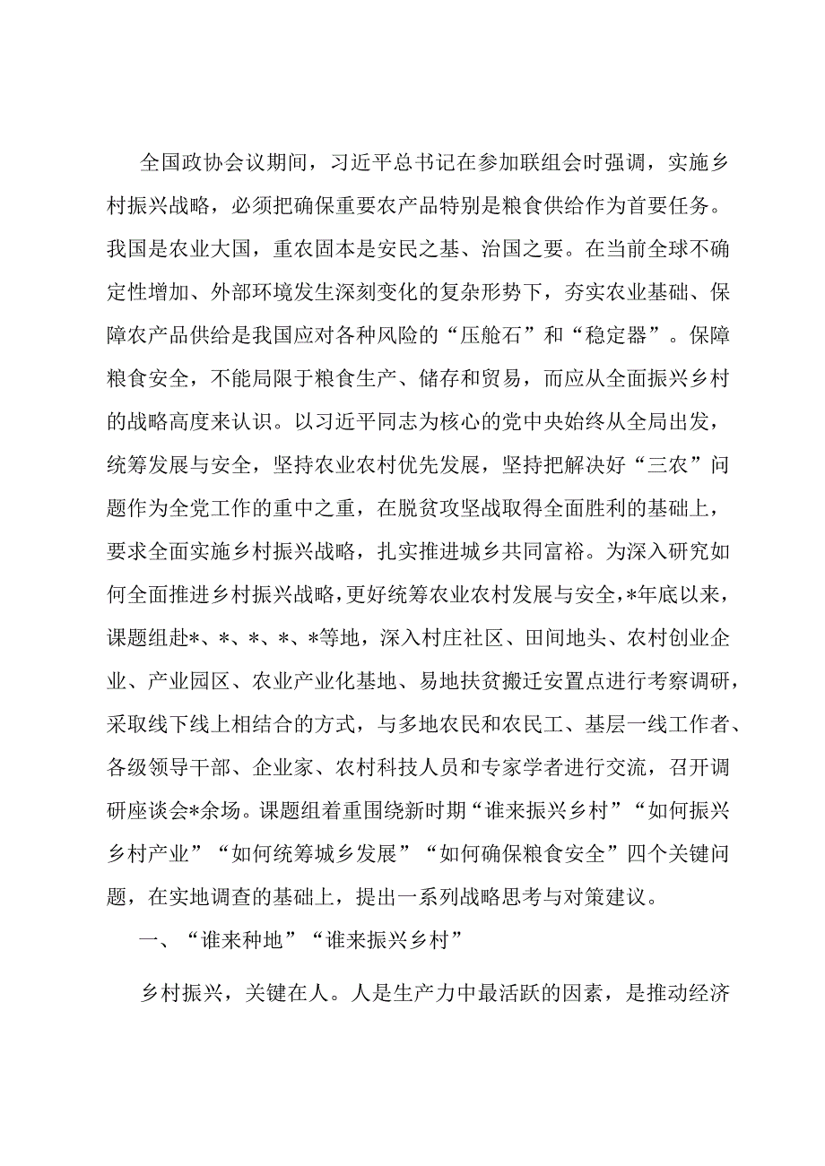 全面推动乡村振兴确保粮食安全调研报告.docx_第1页