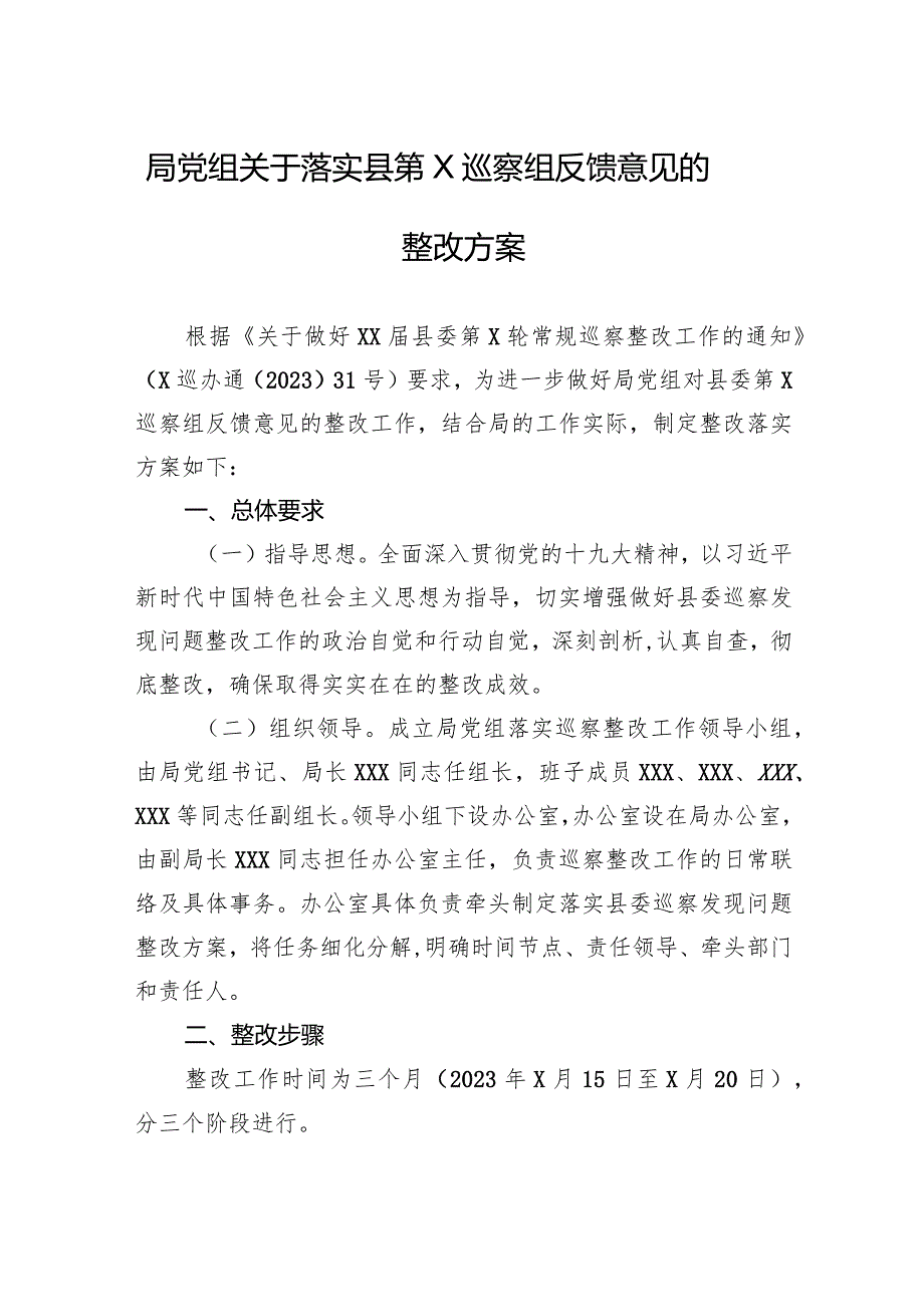 局党组关于落实县第X巡察组反馈意见的整改方案.docx_第1页