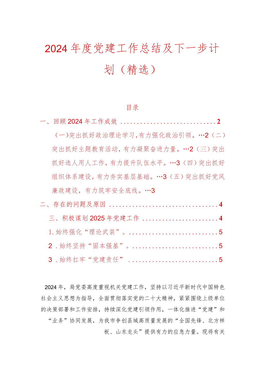 2024年度党建工作总结及下一步计划（精选）.docx_第1页