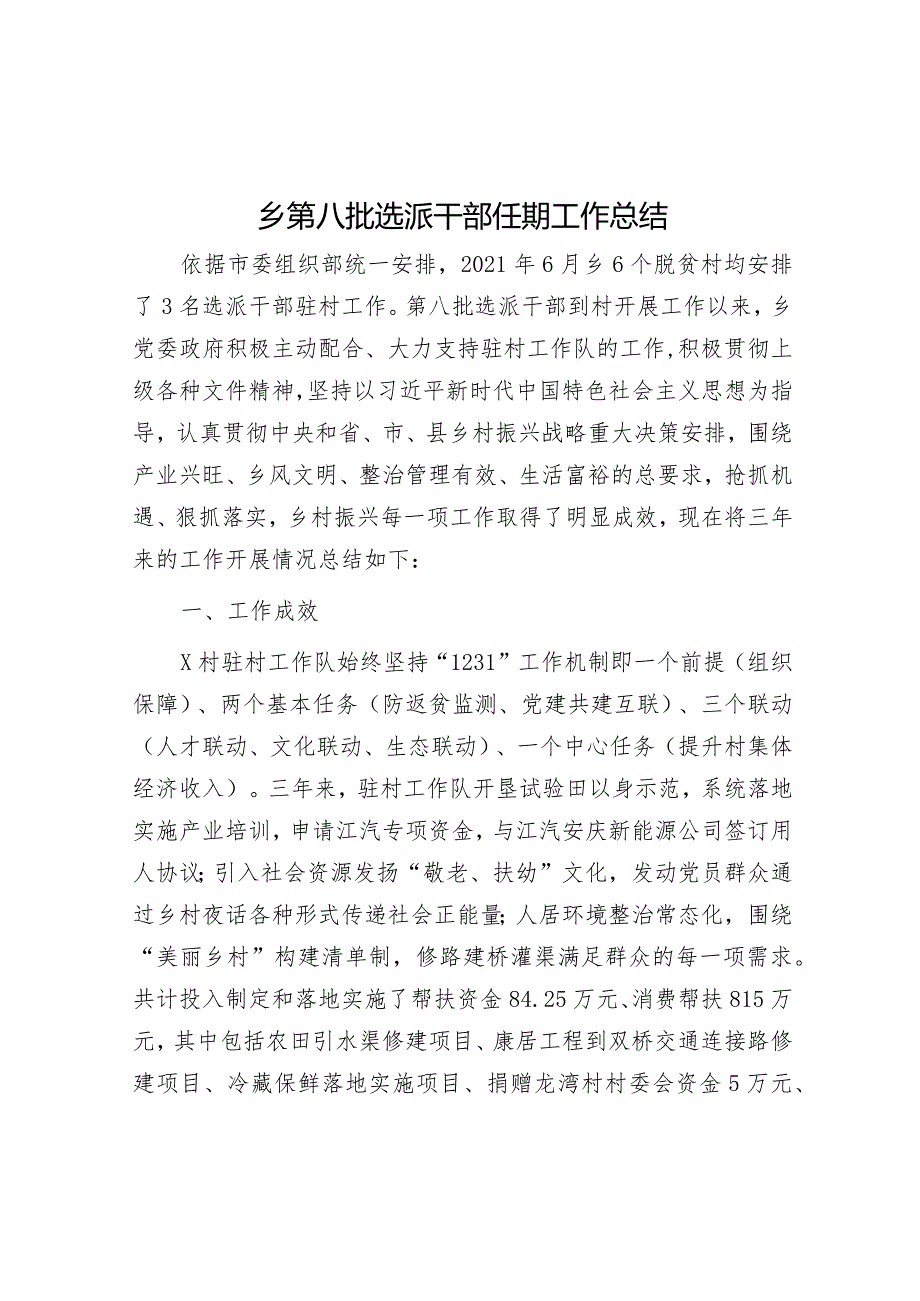 乡第八批选派干部任期工作总结.docx_第1页