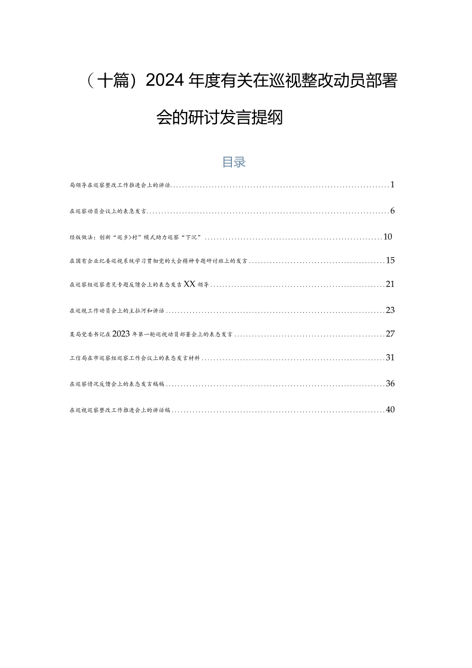 （十篇）2024年度有关在巡视整改动员部署会的研讨发言提纲.docx_第1页