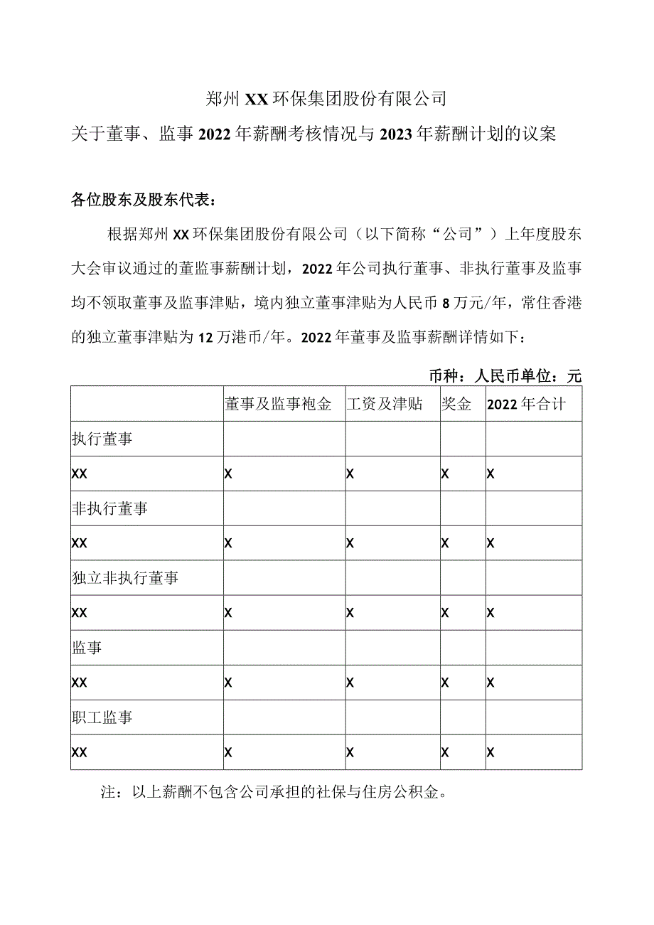 郑州XX环保集团股份有限公司关于董事、监事2022年薪酬考核情况与2023年薪酬计划的议案（2024年）.docx_第1页