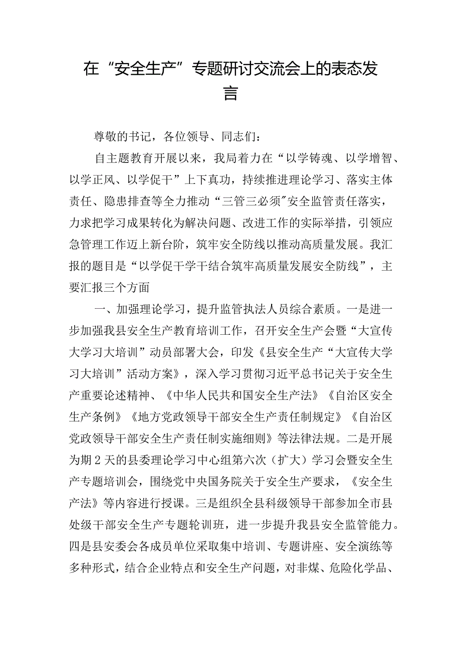 在“安全生产”专题研讨交流会上的表态发言.docx_第1页