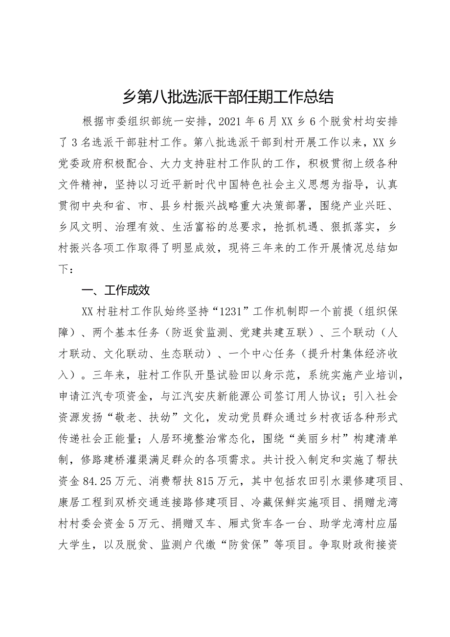 乡第八批选派干部任期工作总结.docx_第1页