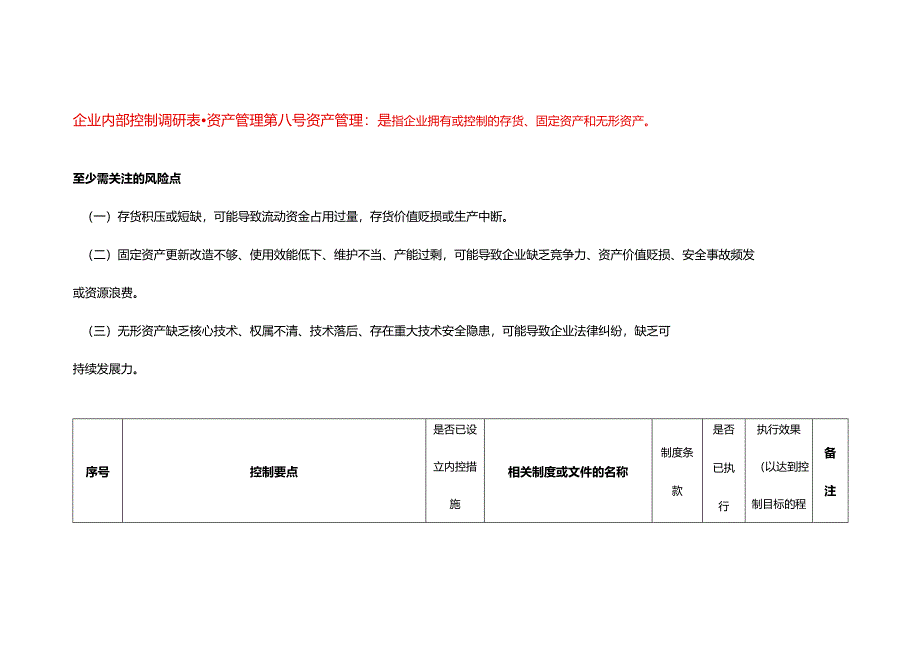 企业内部控制调研表-资产管理.docx_第1页