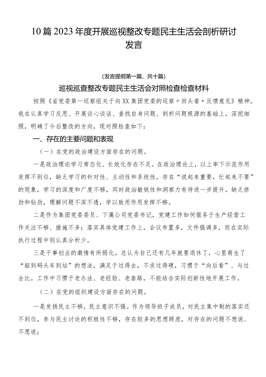 10篇2023年度开展巡视整改专题民主生活会剖析研讨发言.docx_第1页