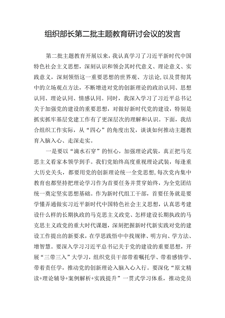 组织部长第二批主题教育研讨会议的发言.docx_第1页