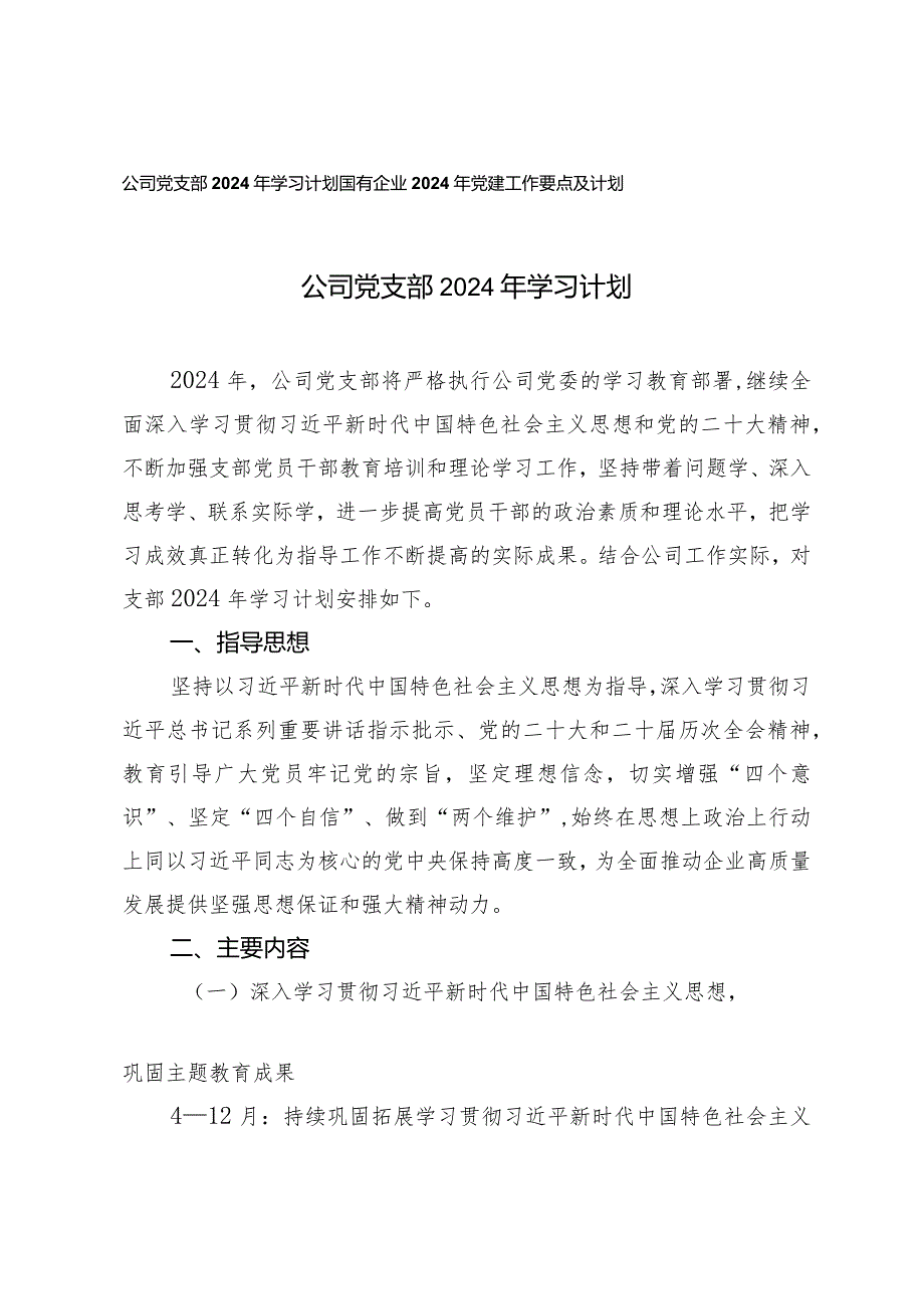 （2篇）公司党支部2024年学习计划国有企业2024年党建工作要点及计划.docx_第1页