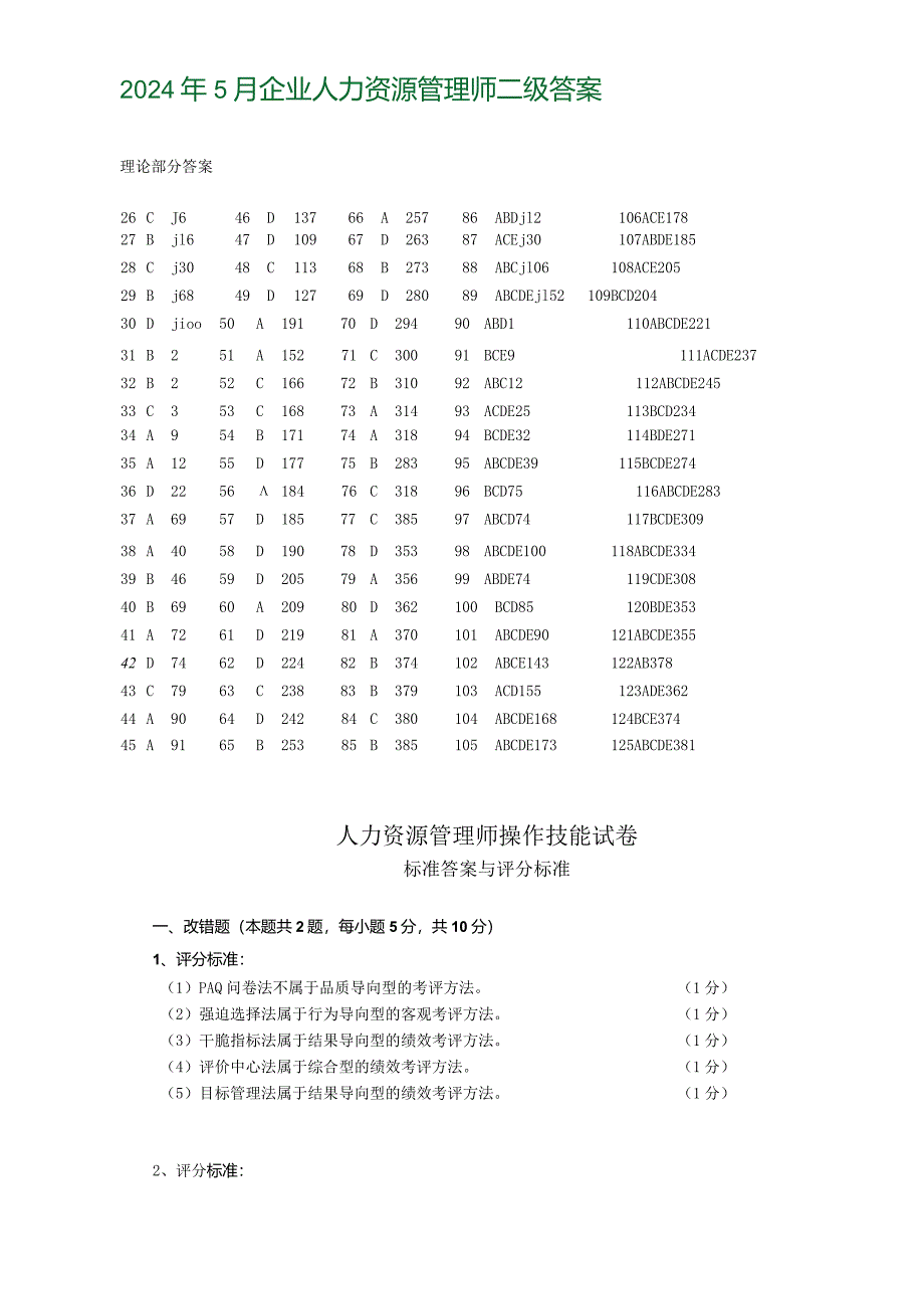 2024年5月人力资源管理师二级真题答案(全).docx_第1页