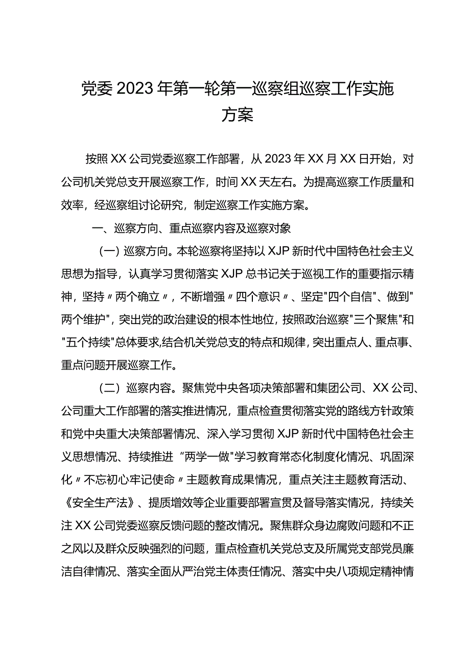 XX公司党委2023年第一轮巡察工作实施方案.docx_第1页