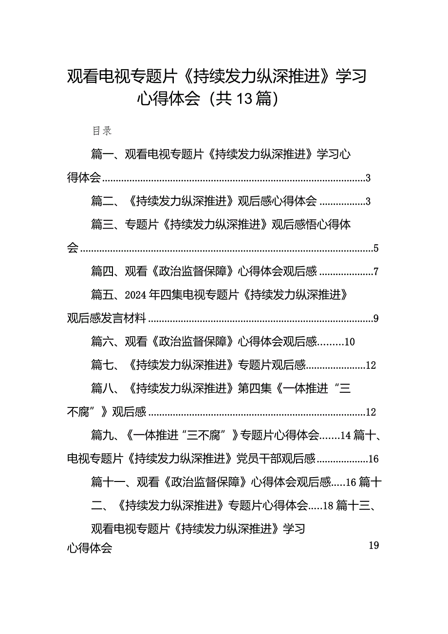 2024观看电视专题片《持续发力纵深推进》学习心得体会（共13篇）.docx_第1页