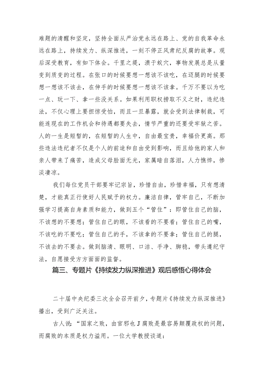 2024观看电视专题片《持续发力纵深推进》学习心得体会（共13篇）.docx_第3页