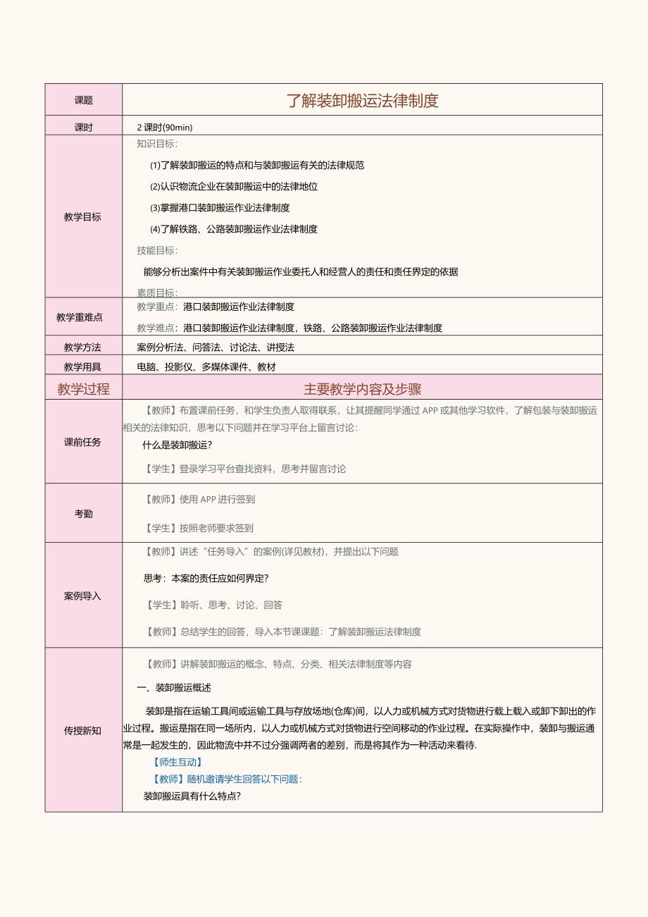 《物流法律与法规》教案第十四课了解装卸搬运法律制度.docx_第1页