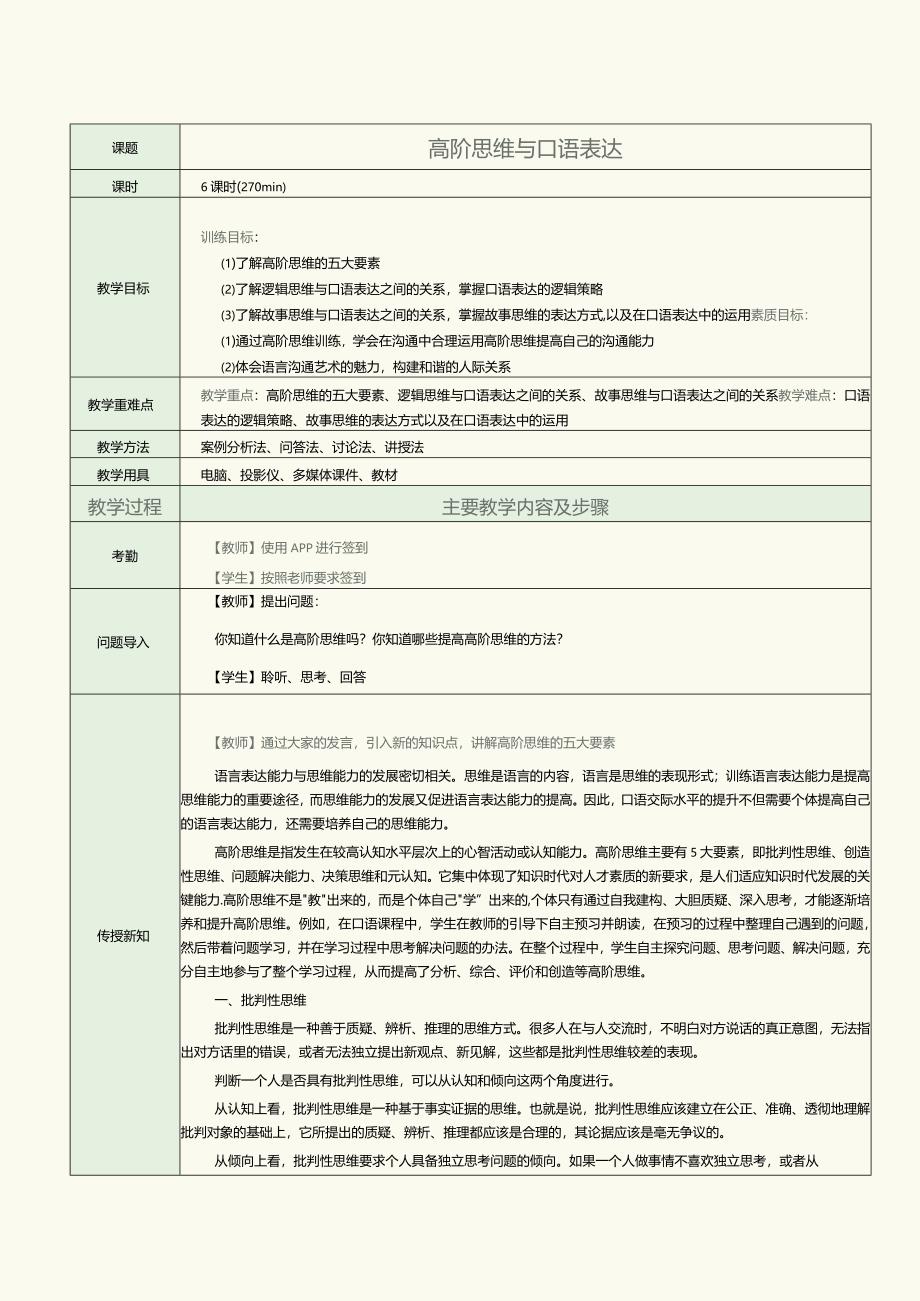 《普通话口语教程（下册）》教案专题十一高阶思维与口语表达.docx_第1页