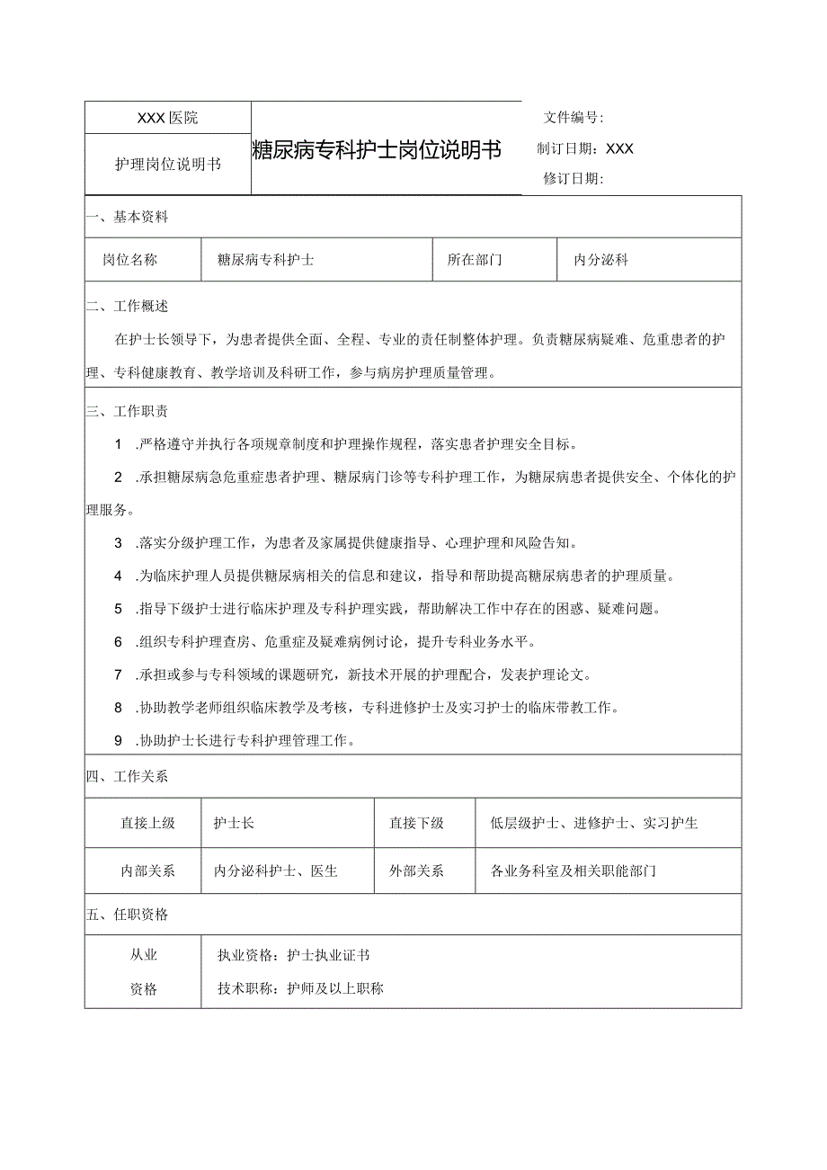 糖尿病专科护士岗位说明书.docx_第1页