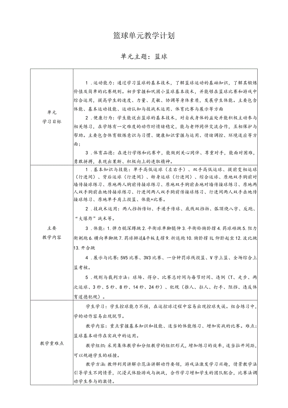 【新课标】水平二（四年级）体育与健康《篮球》大单元教学计划.docx_第1页