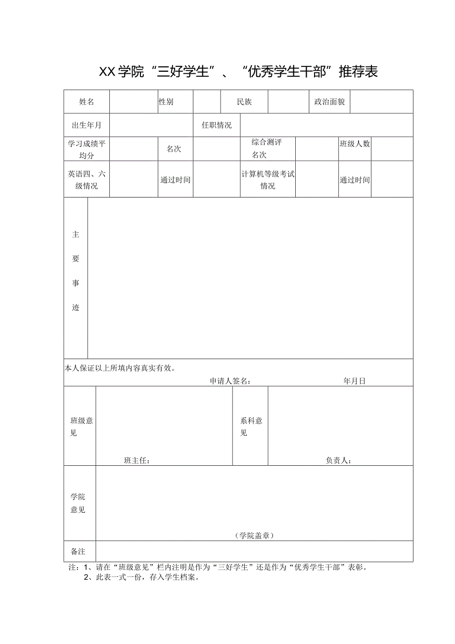 学院“三好学生”、“优秀学生干部”推荐表.docx_第1页