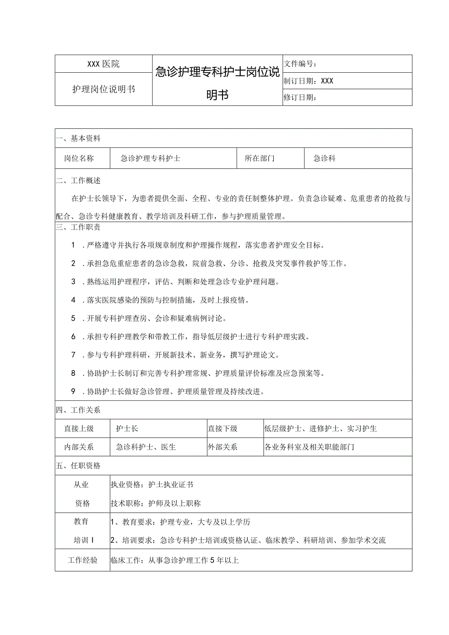 急诊护理专科护士岗位说明书.docx_第1页