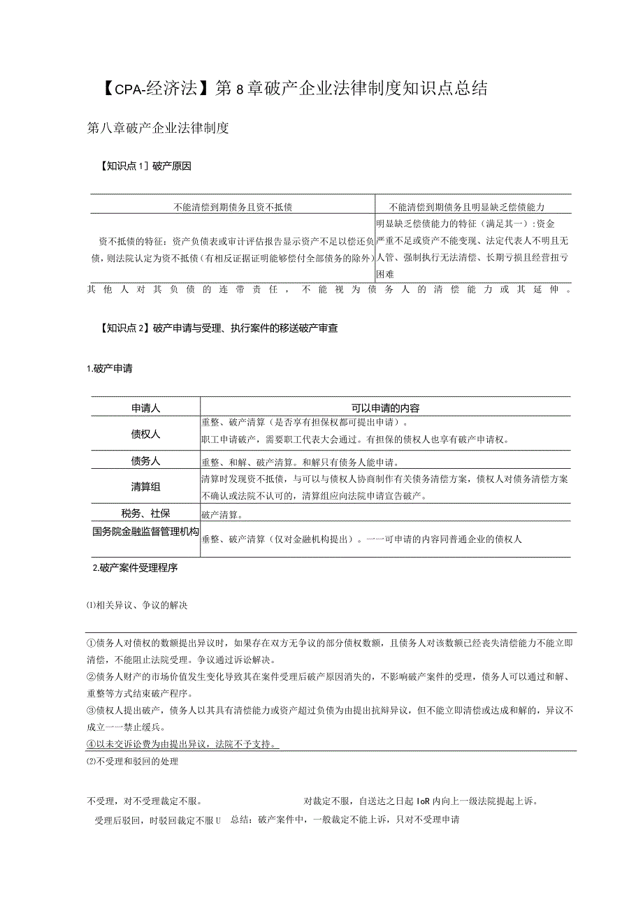 【CPA-经济法】第8章破产企业法律制度知识点总结.docx_第1页