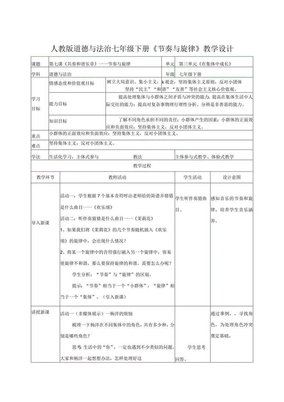 七下道德与法治节奏与旋律教学设计6.docx_第1页