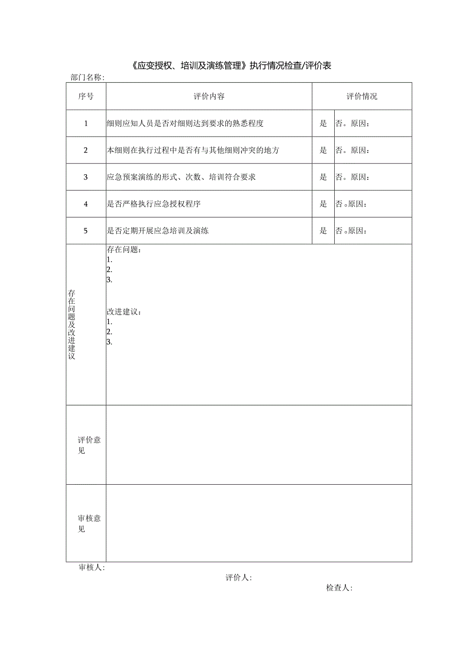 《应变授权、培训及演练管理》执行情况检查评价表.docx_第1页