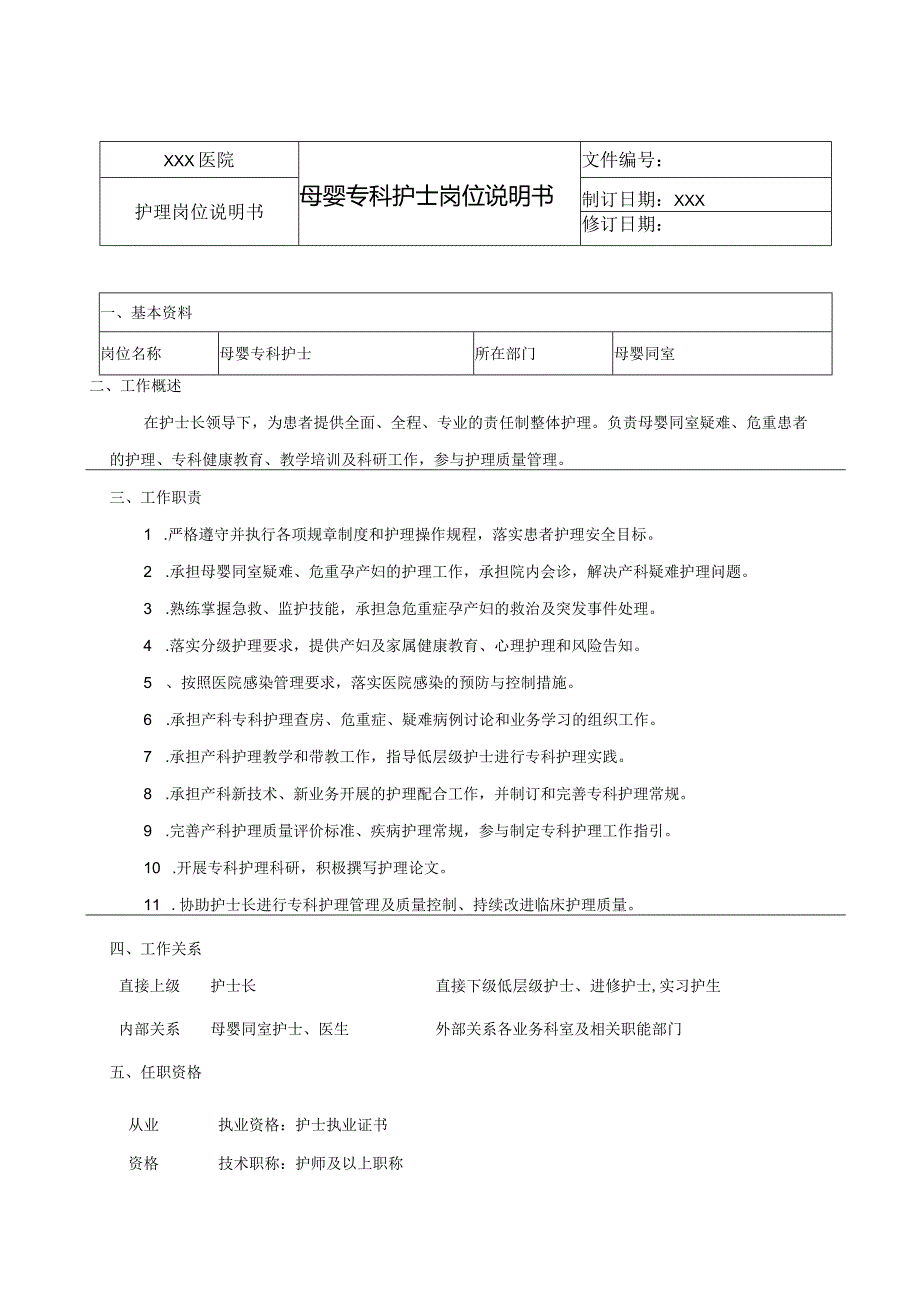 母婴专科护士岗位说明书.docx_第1页