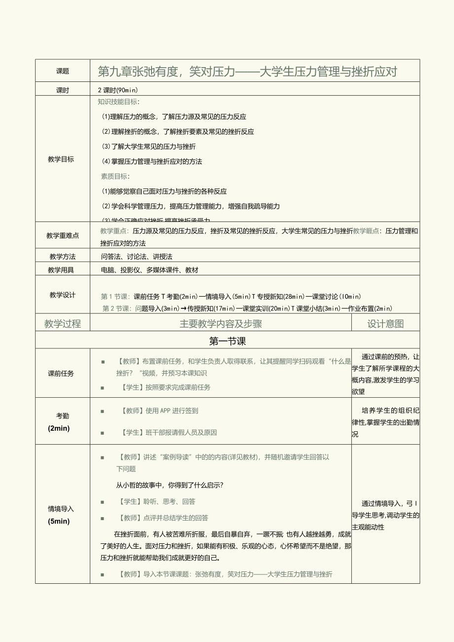 《大学生心理健康教育》教案第9章张弛有度笑对压力——大学生压力管理与挫折应对.docx_第1页