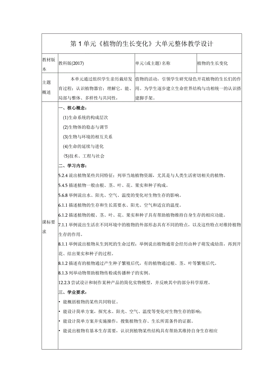 【大单元教学设计】教科版科学四年级下册第一单元《植物的生长变化》单元教学规划.docx_第1页